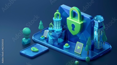 A concept of privacy protection. An account verification system with a login and password, green padlocks and shields, and a 3D render illustration isolated on a white background. photo