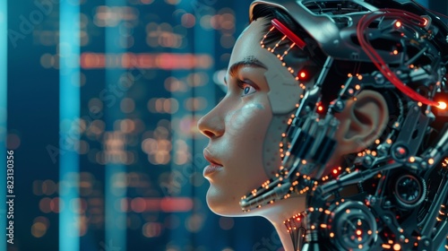 An artificially intelligent female robot or cyborg with a sideways head is connected to a supercomputer by a cable. She has a beautiful robotic face with an artificial heart. photo