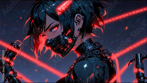 Portrait of an anime style cyberpunk female ninja warrior on a dark moody and atmospheric background