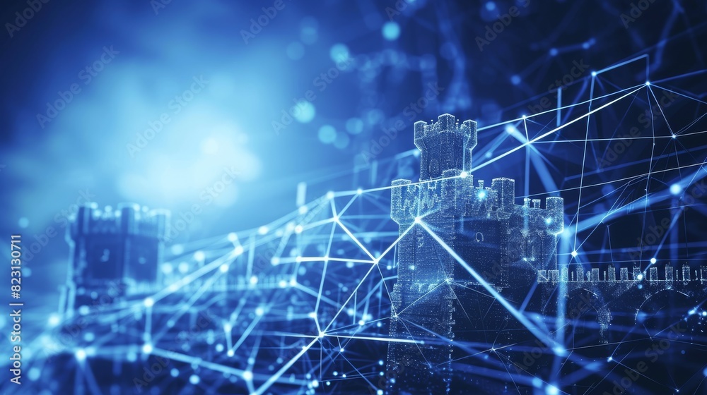 A creative depiction of a castle, rendered in a futuristic blue digital network, blending medieval architecture with contemporary digital themes. A creative depiction of a castle, rendered in a futuristic blue digital network, blending medieval architecture with contemporary digital themes.