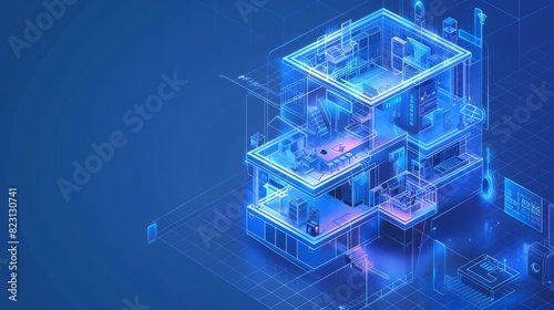 Design and development of smart home system. Automating residential intelligence houses according to isometric plan. photo