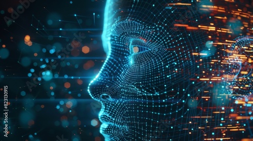 Artificial intelligence abstract concept banner. Digital mind analyses data information. AI connects with neural networks to resolve business issues. Cyber face looks at a graphic interface on a HUD.