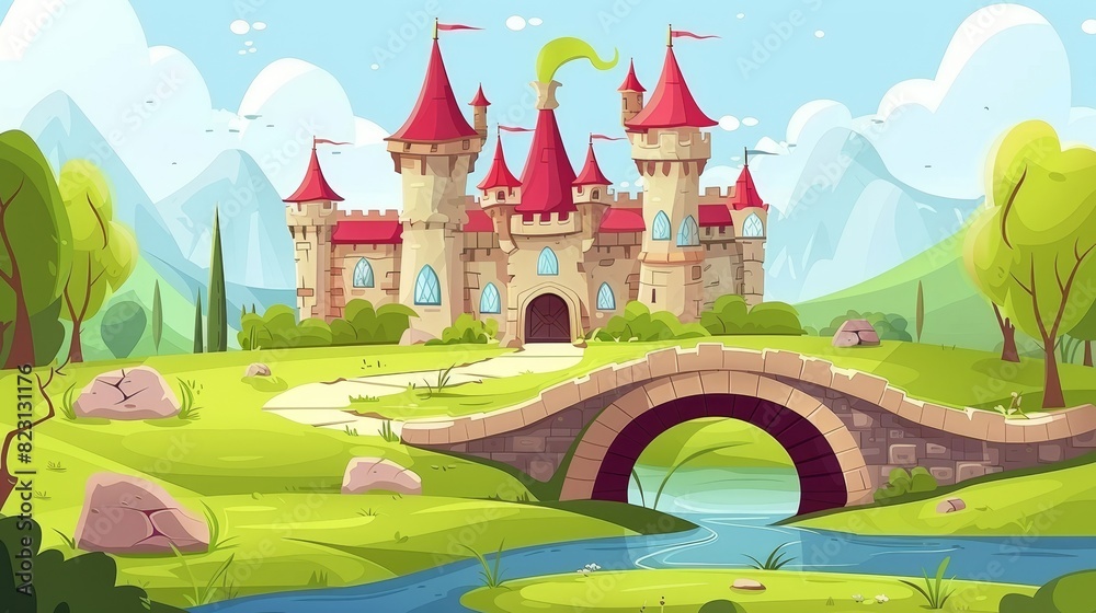 This fantasy castle has a bridge over a river between the towers. A summer countryside landscape with stones, green grass, and a mansion with turrets, modern illustration. This fantasy castle has a bridge over a river between the towers. A summer countryside landscape with stones, green grass, and a mansion with turrets, modern illustration.