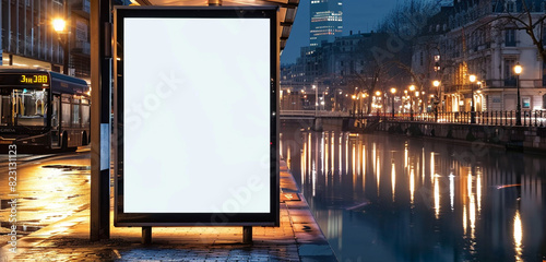 Vertical blank billboard at a bus stop by a city canal, modern design reflecting urban lights. photo