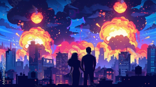 A couple watching explosions in a city at night. Rooftop view of modern skyscrapers damaged by blasts and fires. War  enemy attack destroys houses. Modern cartoon illustration.