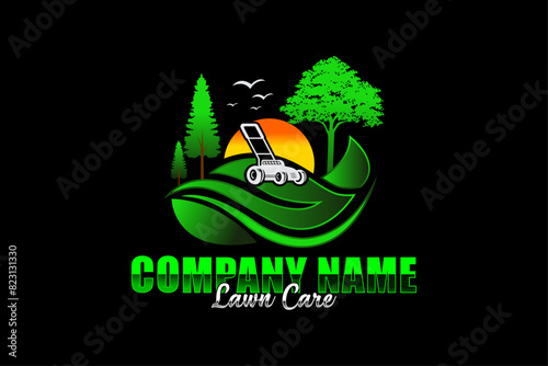 Illustration vector graphic of lawn care with Lawn mower home service black background, landscape, grass concept logo design template