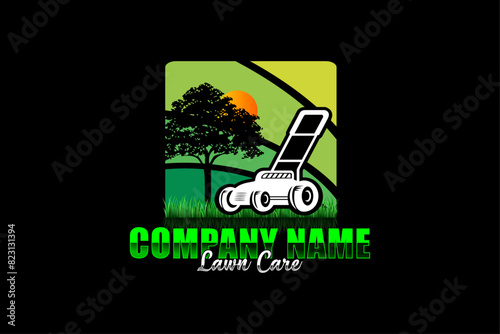 Illustration vector graphic of lawn care with Lawn mower home service black background, landscape, grass concept logo design template photo