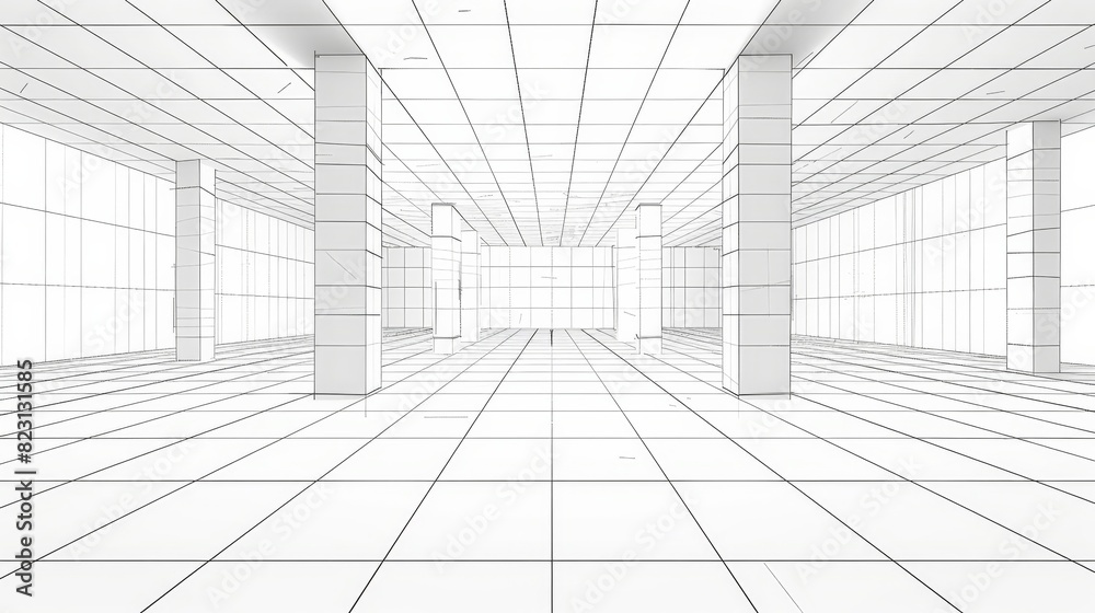 This 3D illustration shows a wireframe room background featuring white walls, ceiling, floor, and corners. A virtual space with abstract virtual space. It is an abstract version of a real room. This 3D illustration shows a wireframe room background featuring white walls, ceiling, floor, and corners. A virtual space with abstract virtual space. It is an abstract version of a real room.