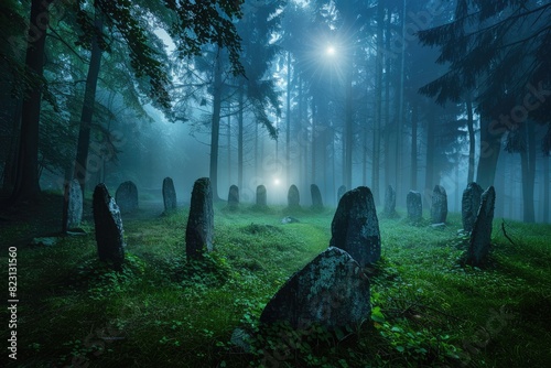 The Mystical Stone Circle Amidst a Foggy Forest