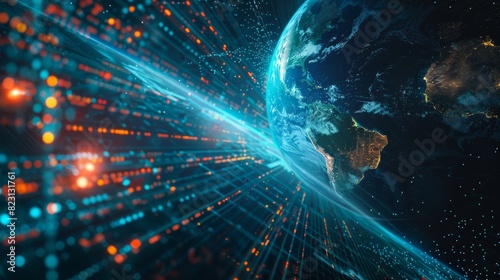 Background image of global satellite internet technology. Data flow from Earth in space enmeshed into a network line. Abstract esoteric concept of information fields. Digital planet illustration in