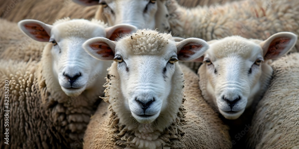 A gathering of sheep huddled together in close proximity centered copy space selective focus. Concept Agriculture, Livestock, Flock of Sheep, Huddle, Copy Space, A gathering of sheep huddled together in close proximity centered copy space selective focus. Concept Agriculture, Livestock, Flock of Sheep, Huddle, Copy Space,
