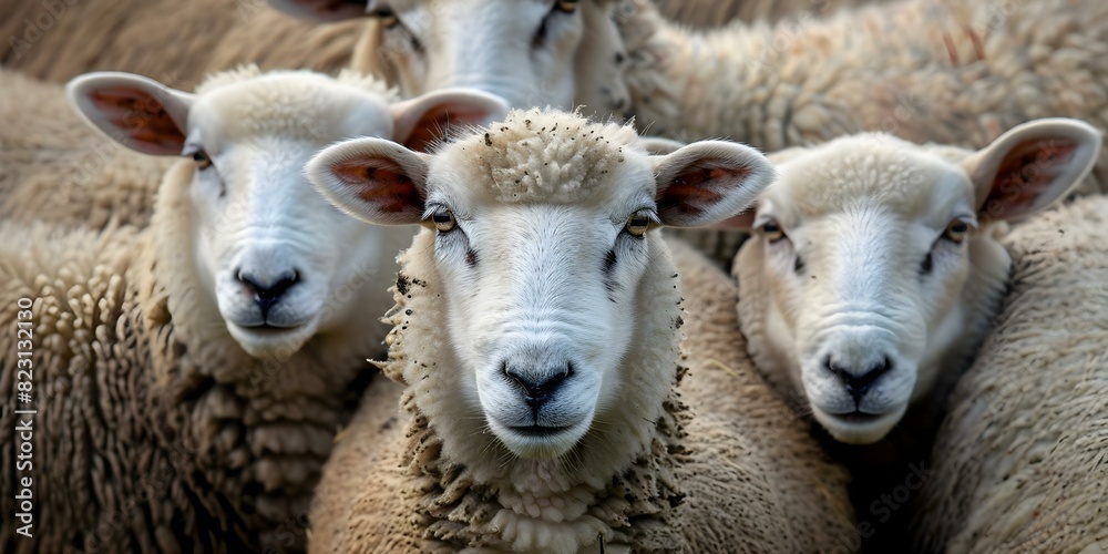 A gathering of sheep huddled together in close proximity centered copy space selective focus. Concept Agriculture, Livestock, Flock of Sheep, Huddle, Copy Space,