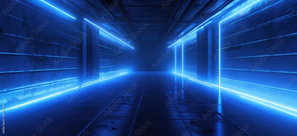 Futuristic Blue Neon Lights in a Corridor
