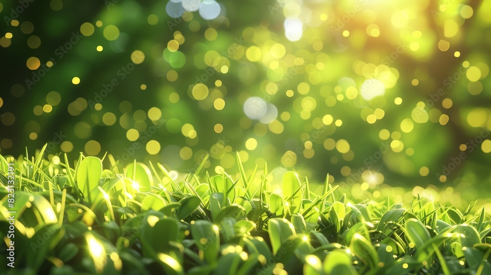 The super realistic green lawn grass border is illuminated by the sun. This is an Easter sunny park field bundle isolated with bokeh reflection. Summer fluffy grass set on the farm.
