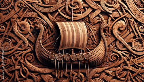 This detailed relief showcases a Viking longship amidst elaborate knotwork. The craftsmanship captures traditional Norse art with dragon-headed prows and intricate carvings, highlighting heritage photo