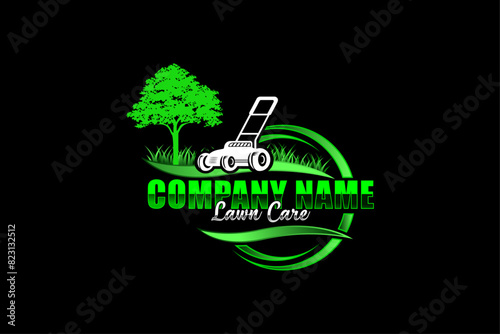 Illustration vector graphic of lawn care with Lawn mower home service black background, landscape, grass concept logo design template