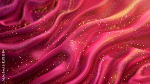A realistic red silk cloth background with golden particles. Modern illustration of trendy Viva Magenta satin drapery with luxury gold shimmering pieces. Sale, discount banner.