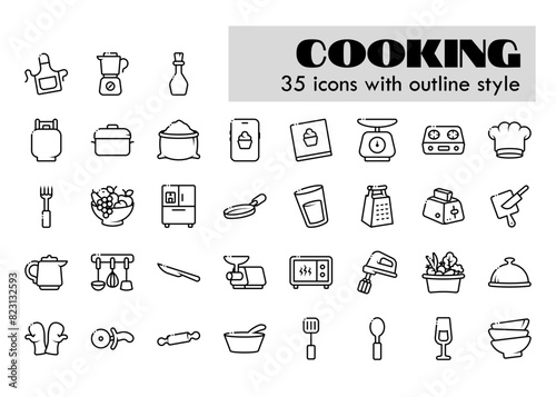cooking appliance or kitchenware outline icon set