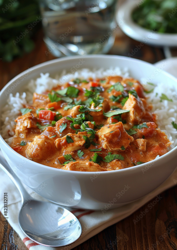 Chicken Tikka Masala. Traditional Indian curry with rice meal.