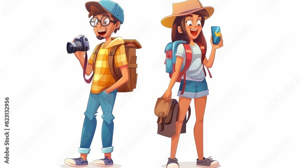 A cartoon set of male and female tourist characters isolated on white background. A young man with a backpack and camera, and an excited young woman with a rucksack and smartphone. A cartoon set of male and female tourist characters isolated on white background. A young man with a backpack and camera, and an excited young woman with a rucksack and smartphone.