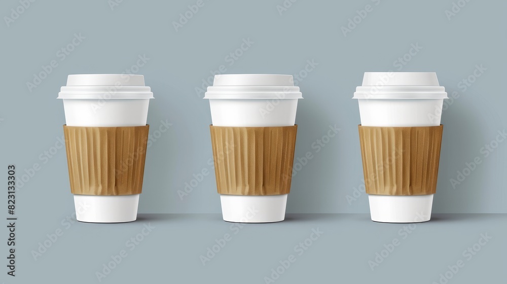 Modern mockup of empty disposable plastic takeaway mug with lid and sleeve for coffee or cappuccino. Realistic cafe container with brown eco holder package for cappuccino or latte. Modern mockup of empty disposable plastic takeaway mug with lid and sleeve for coffee or cappuccino. Realistic cafe container with brown eco holder package for cappuccino or latte.