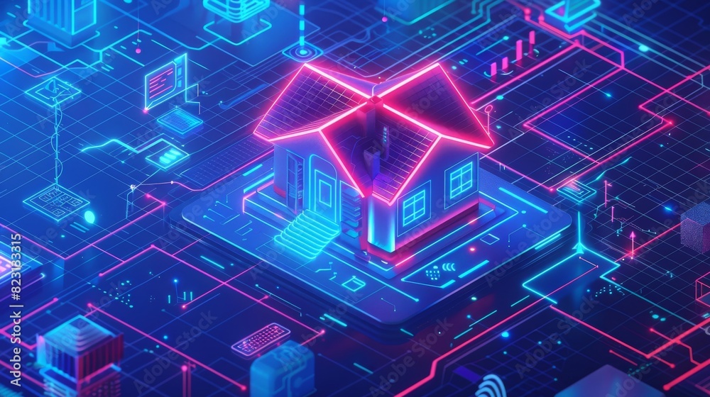A smart home system that automates objects through wireless internet 5G. Development and programming of intelligent algorithms. Isometric concept of smart home technology. A smart home system that automates objects through wireless internet 5G. Development and programming of intelligent algorithms. Isometric concept of smart home technology.