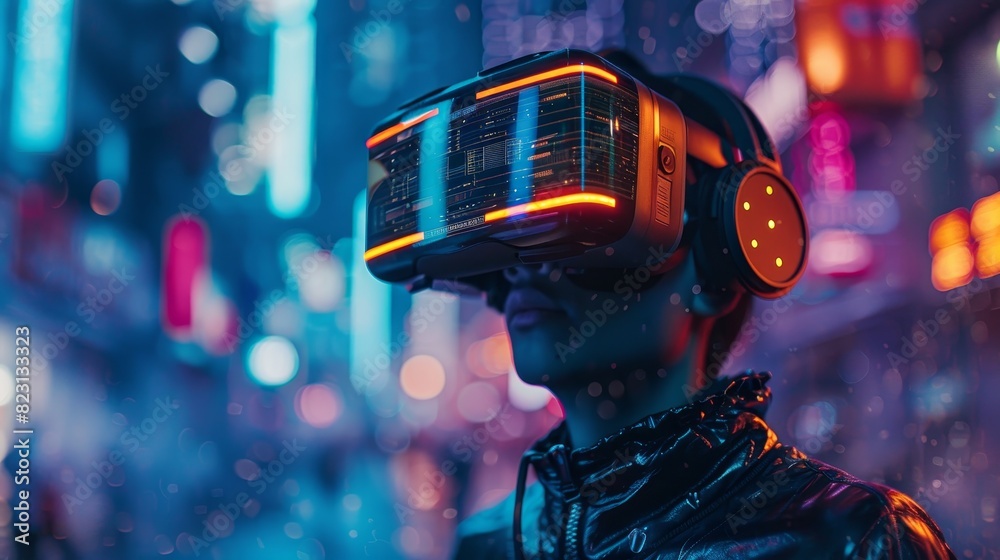 A person wearing a VR headset, interacting with a virtual environment A person wearing a VR headset, interacting with a virtual environment