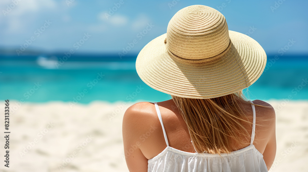 Hübsche Frau beim Sonnenbad mit Sonnenhut und Rückenansicht entspannt sich im Urlaub