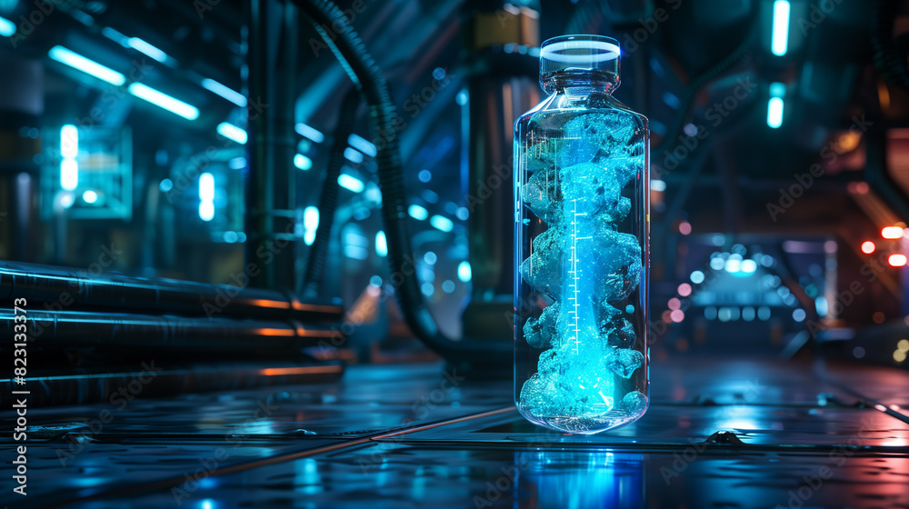 Futuristic laboratory with glowing specimen in a glass container. Futuristic laboratory with glowing specimen in a glass container.