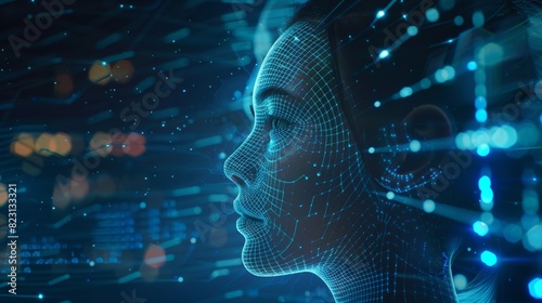 AI image cybernetic anthropomorphic woman working with matrix data on a virtual interface. Artificial intelligence head with mind analyzing information and instructing neural networks. photo