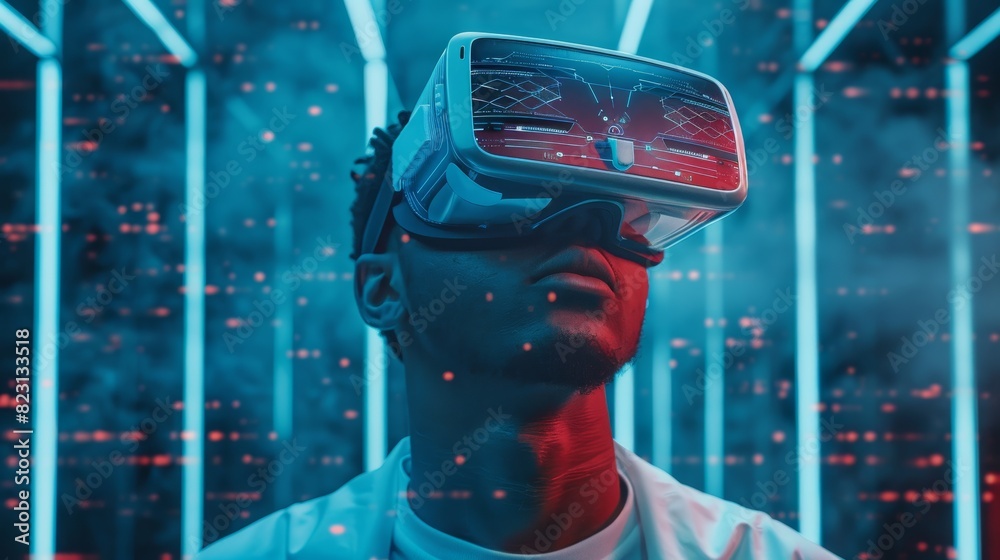 Fototapeta premium Digital computer entertainment technology involving an Afro American in 3D headset or VR glasses looking up in a virtual simulation. Augmented reality or AR helmet on head. Digital computer