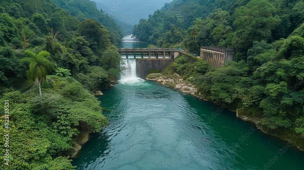 A river flowing through a forest, with a small hydropower plant on its banks A river flowing through a forest, with a small hydropower plant on its banks