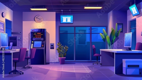 Illustration of an empty bank office at night with an ATM, queue equipment, computers on manager desks, and a flower pot. photo