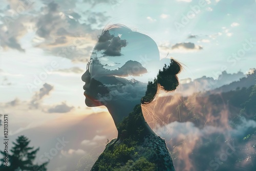 INFP visualizing future dreams, selective focus, focus on imagination, ethereal, double exposure, mountaintop backdrop
