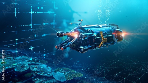 Robotic underwater vehicles with manipulators or robotic arms. Deep sea robots for exploring sea bottoms in place shipwrecks. photo