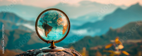 Vintage globe on a rock with a scenic mountain backdrop. photo