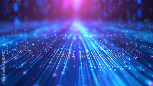 Traffic of digital light on an optical cable. High speed data transfer on optical fibers. Abstract background with quantum beams of internet data on optical fibres. photo