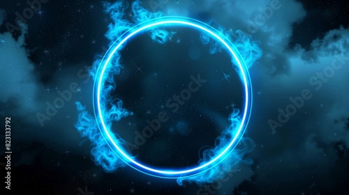 Modern illustration of neon blue circle in sparkling cloud of smoke. Milky way stars in night sky. Illuminated led border with abstract stardust mist.