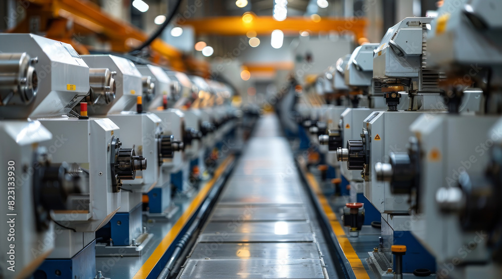 custom made wallpaper toronto digitalMany CNC machines arranged in one big and bright workshop, lots of CNC machines in two rows. Generative AI.