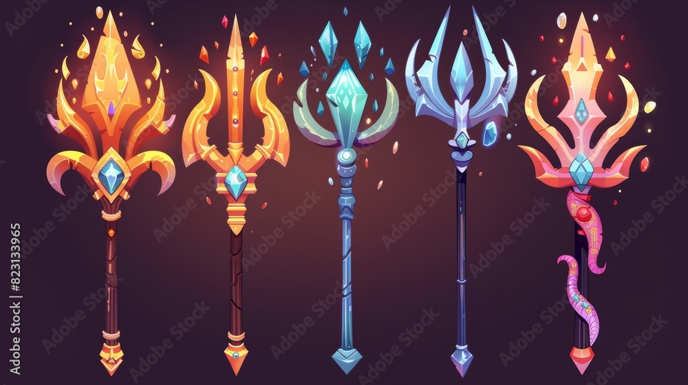 For game UI level range, a fantastic trident made of metal and gemstones. Cartoon modern illustration set of mythology story harpoon or trishul decorated with jewelry. For game UI level range, a fantastic trident made of metal and gemstones. Cartoon modern illustration set of mythology story harpoon or trishul decorated with jewelry.