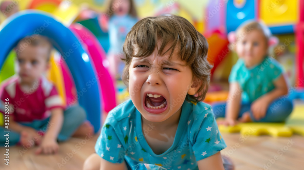 Upset toddler crying in colorful daycare with other children in background. Upset toddler crying in colorful daycare with other children in background.