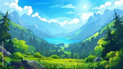Modern illustration of beautiful spring landscape, blue water in a mountain river, green grass on hills, bright sun in blue sky.