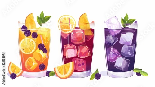 Modern cartoon illustration of lemonade, alcohol, sweet soda drinks with pieces of lemon, mango, berries and mint leaves, party menu drinks. photo