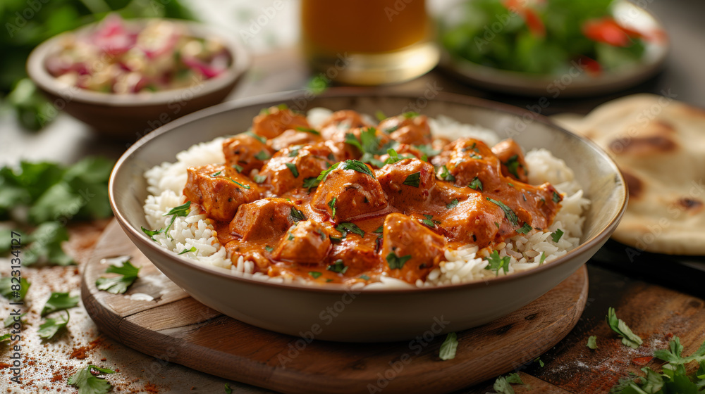 Chicken Tikka Masala. Traditional Indian curry with rice meal.
