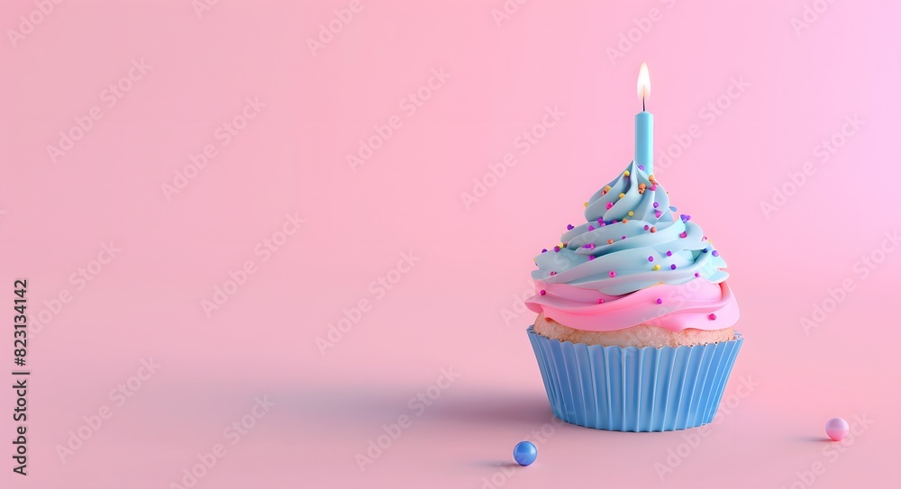 Colorful Birthday Cupcake with Candle on Pastel Background Colorful Birthday Cupcake with Candle on Pastel Background