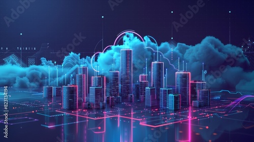 Digital cloud over virtual Smart City on podium with cloud storage and cloud services. Download, upload data to server. IoT technology. photo