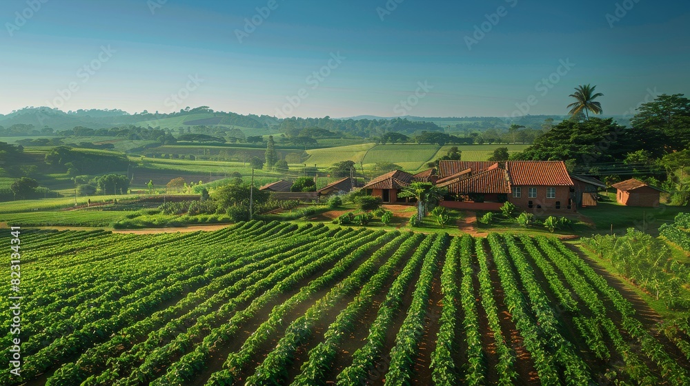 An aerial view of a sustainable farm practicing organic agriculture, surrounded by fields of crops An aerial view of a sustainable farm practicing organic agriculture, surrounded by fields of crops