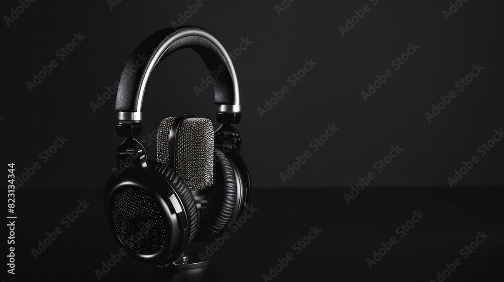 A Black studio microphone with studio headphones on black background. Podcast audio A Black studio microphone with studio headphones on black background. Podcast audio