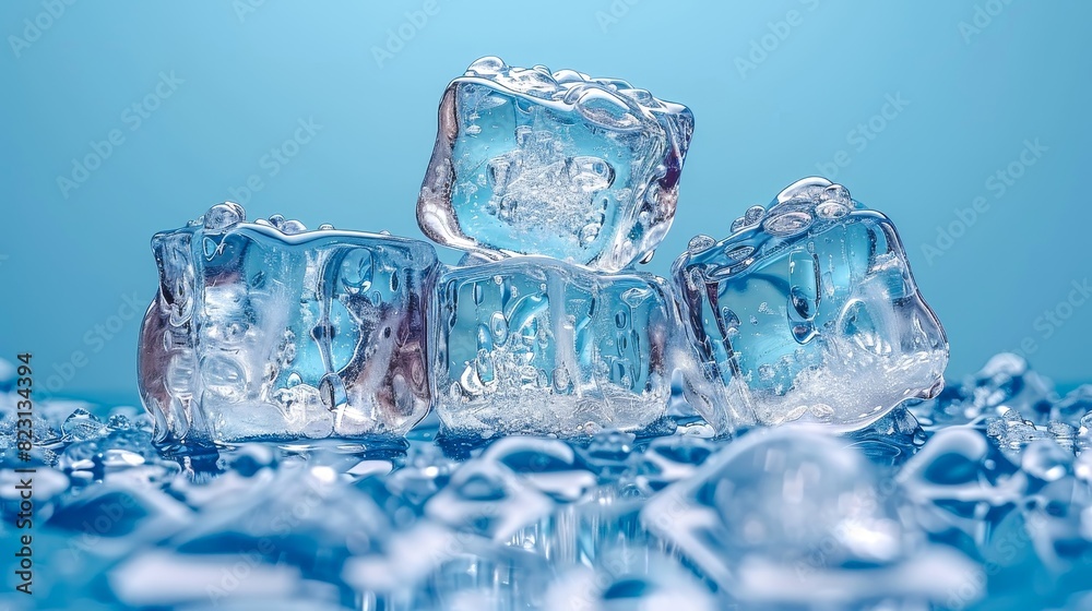 Close-up of melting ice cubes on a reflective surface with a blue background, capturing the freshness and coolness. Close-up of melting ice cubes on a reflective surface with a blue background, capturing the freshness and coolness.