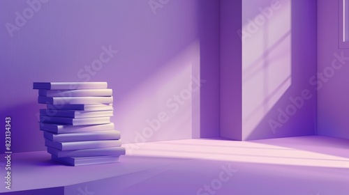 Stack of books on pastel purple background with blank space for text. Realistic 3D modern illustration of a bookshelf for a reading or educational concept.